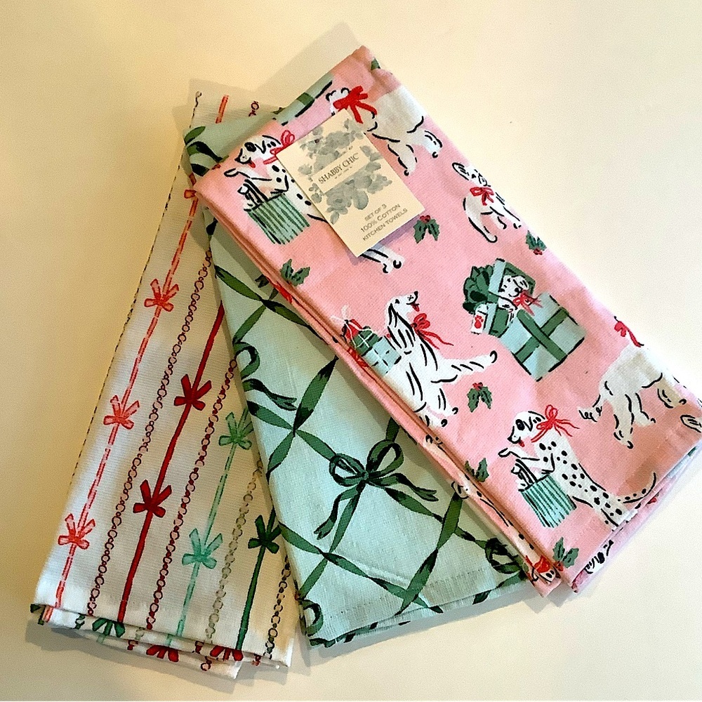 Shabby Chic Christmas Present Dogs Bows Kitchen Towels New